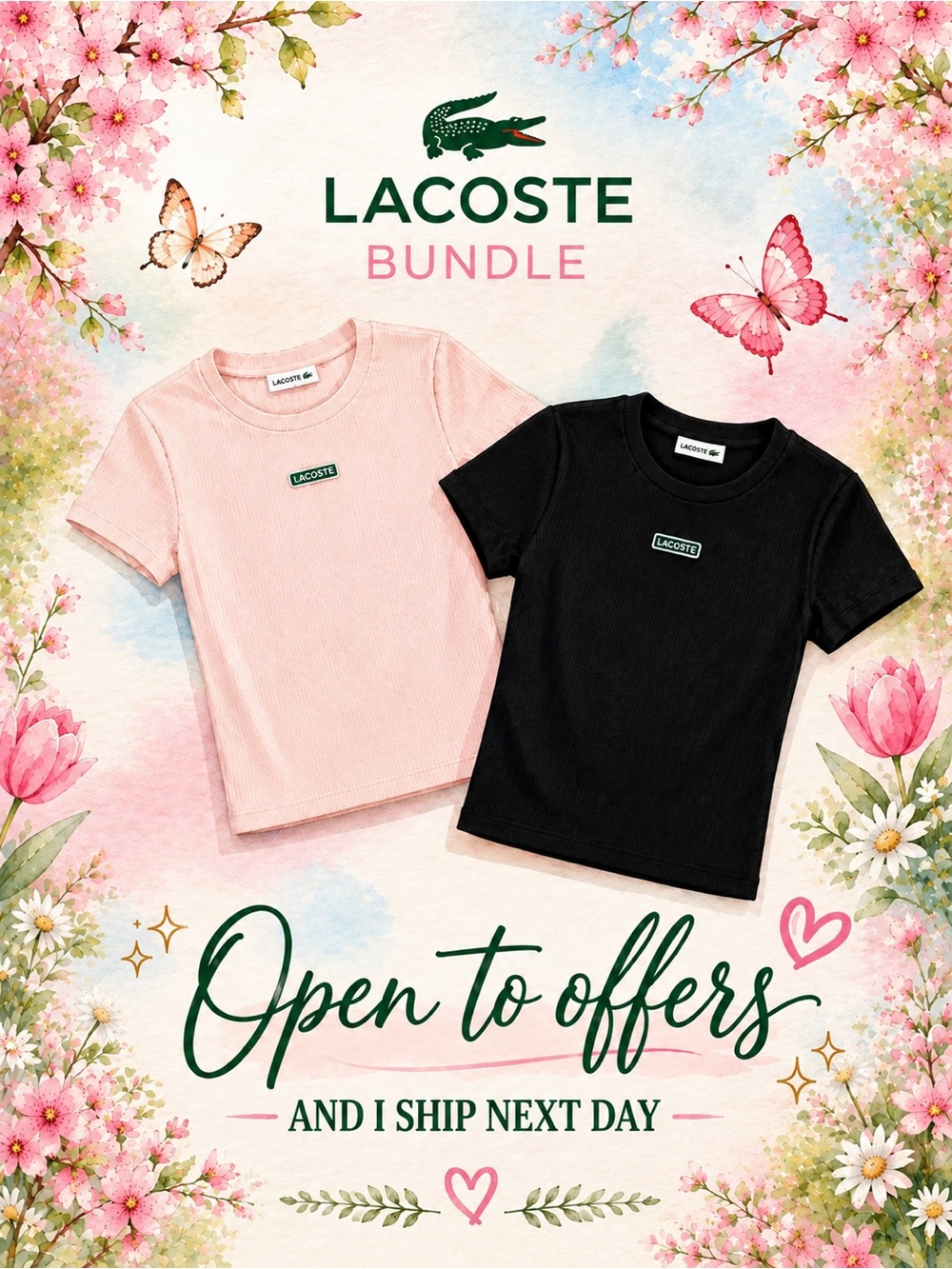Lacoste Bundle Women’s Slim Fit Ribbed T-Shirts Pink Black Size 38 US M